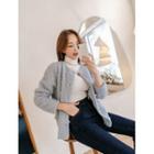 Faux-pearl Dual-pocket Furry Cardigan