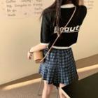Argyle Mini A-line Skirt / Elbow-sleeve Lettering Cardigan
