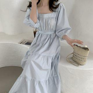 3/4-sleeve Square-neck Tiered Maxi A-line Dress