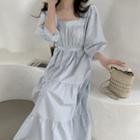 3/4-sleeve Square-neck Tiered Maxi A-line Dress