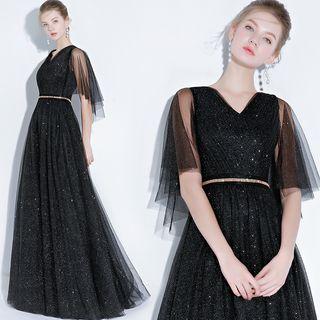 Elbow-sleeve Sheer Panel A-line Evening Gown