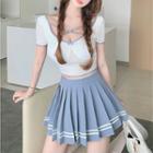Short-sleeve Bow Crop Top / Pleated Mini Skirt