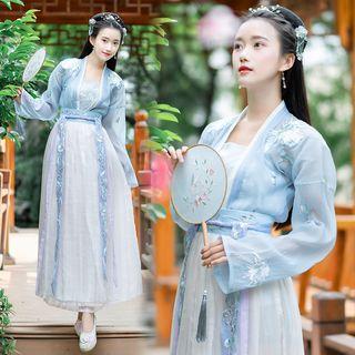 Hanfu Set: Long-sleeve Top + Camisole Top + Maxi Skirt