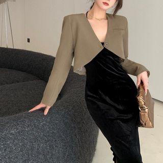 Long-sleeve V-neck Cropped Blazer / Sleeveless Midi Dress