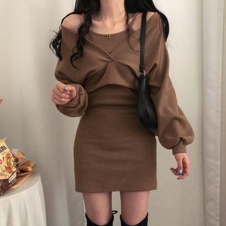 Spaghetti Strap Knit Mini Bodycon Dress / Cropped Sweater