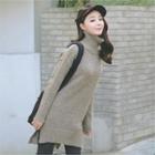 Turtle-neck Slit-hem Long Knit Top