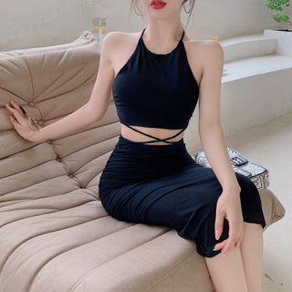 Halter-neck Cropped Midi Sheath Dress