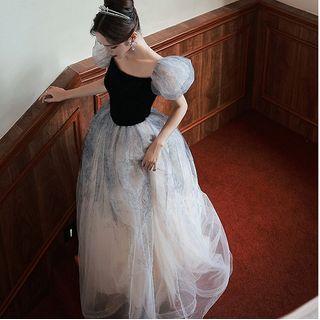 Puff-sleeve Two-tone Gradient Mesh A-line Gown