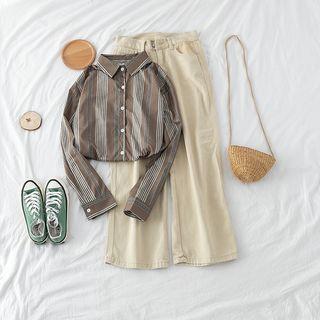 Set: Long-sleeve Striped Shirt + Wide-leg Jeans