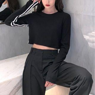 Long-sleeve Striped-side T-shirt Black - One Size