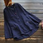 Chinese Knot Button Linen Blouse Dark Blue - One Size