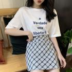 Short-sleeve Lettering T-shirt / Plaid Mini Fitted Skirt