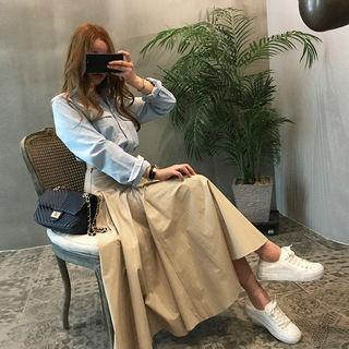 Tie-waist Long Flare Skirt