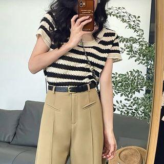 Short-sleeve Striped Knit Top 7053 - Stripe - Black & Almond - One Size