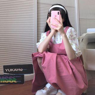 Short-sleeve Floral Print Top / Midi A-line Overall Dress