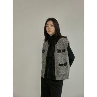 Contrast-trim Open Tweed Vest Black - One Size