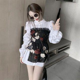 Long-sleeve Plain Blouse / Strapless Floral Top / Set