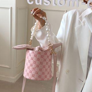 Lettering Faux Pearl Strap Bucket Bag