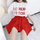 Set: Short-sleeve Lettering T-shirt + Tie-waist Skort