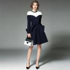 Two-tone Long-sleeve A-line Dress With Sash