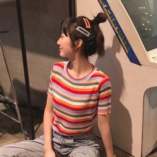 Striped Short-sleeve Knit Top Stripess - Rainbow - One Size