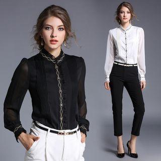 Long-sleeved Loose-fit Collared Chiffon Slim Blouse