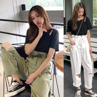 Short-sleeve Cut Out T-shirt / Drawstring Waist Ripped Pants