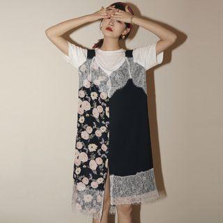 Lace Panel Floral Print A-line Pinafore Dress
