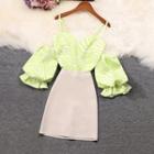 Cold-shoulder Zebra Print Blouse / A-line Skirt / Set