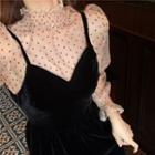 Long-sleeve Dotted See-through Blouse / Sleeveless Velvet Dress