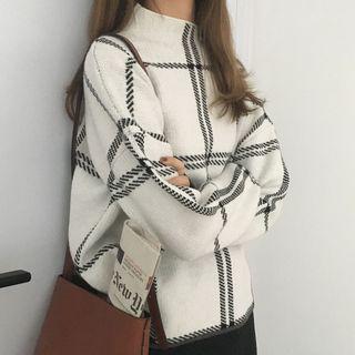 Mock-neck Plaid Knit Sweater