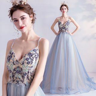 Spaghetti Strap Embroidered Mesh A-line Evening Gown