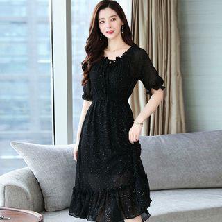 Glitter Elbow-sleeve Ruffle Hem Midi A-line Dress