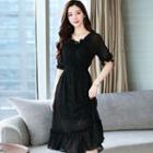 Glitter Elbow-sleeve Ruffle Hem Midi A-line Dress
