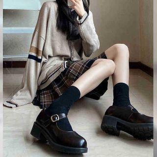 Striped Cardigan / Plaid A-line Skirt
