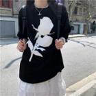 Elbow Sleeve Rose Print T-shirt