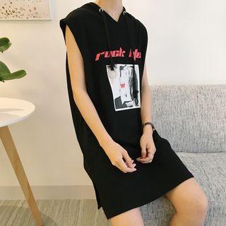 Print Hooded Sleeveless T-shirt Dress