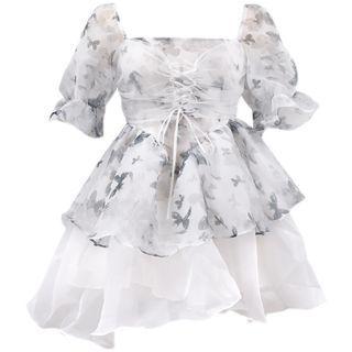 Short-sleeve Lace-up Butterfly Mesh Mini Corset Dress