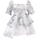 Short-sleeve Lace-up Butterfly Mesh Mini Corset Dress