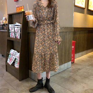 Long-sleeve Floral Print Midi Dress Yellow Floral - Black - One Size