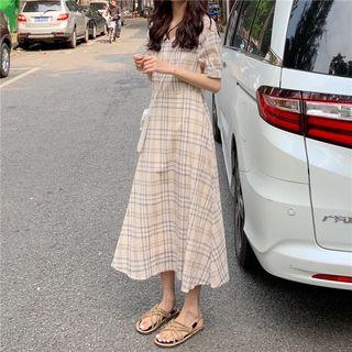 Plaid Short-sleeve Midi A-line Dress As Shown In Figure - M