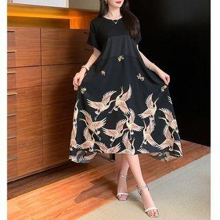 Short-sleeve Crane Print Midi Dress Black - One Size