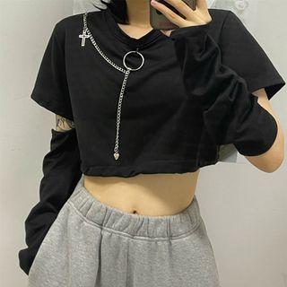 Detachable-sleeve Chain-accent Crop Top