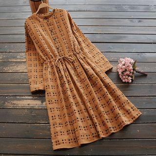 Long-sleeve Square Dot Midi A-line Dress