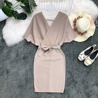 Batwing-sleeve Wrap Knit Dress