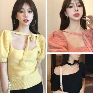 Short-sleeve Plain Slim-fit Knit Top