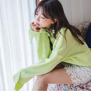 Slit-cuff Distressed Knit Top