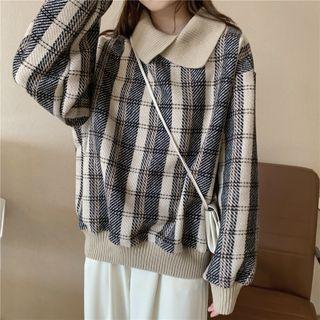 Collared Plaid Sweatshirt Khaki & Almond - One Size