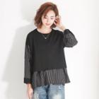 Long-sleeve Striped Panel Top Black - One Size