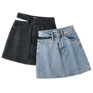 Cut-out Denim Mini A-line Skirt